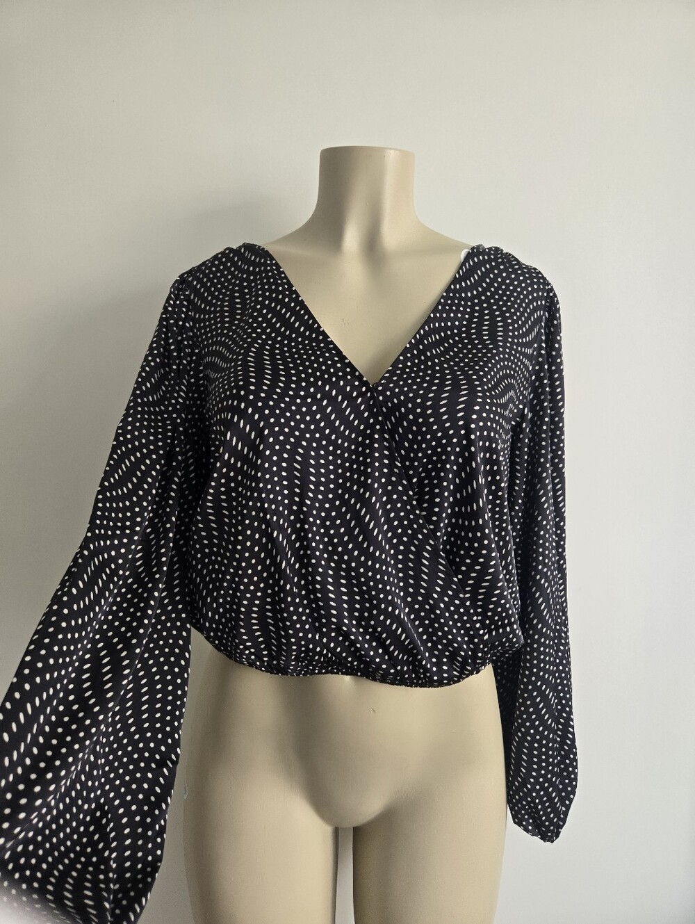 Express Black and White Dot Surplice Long-Sleeve Top